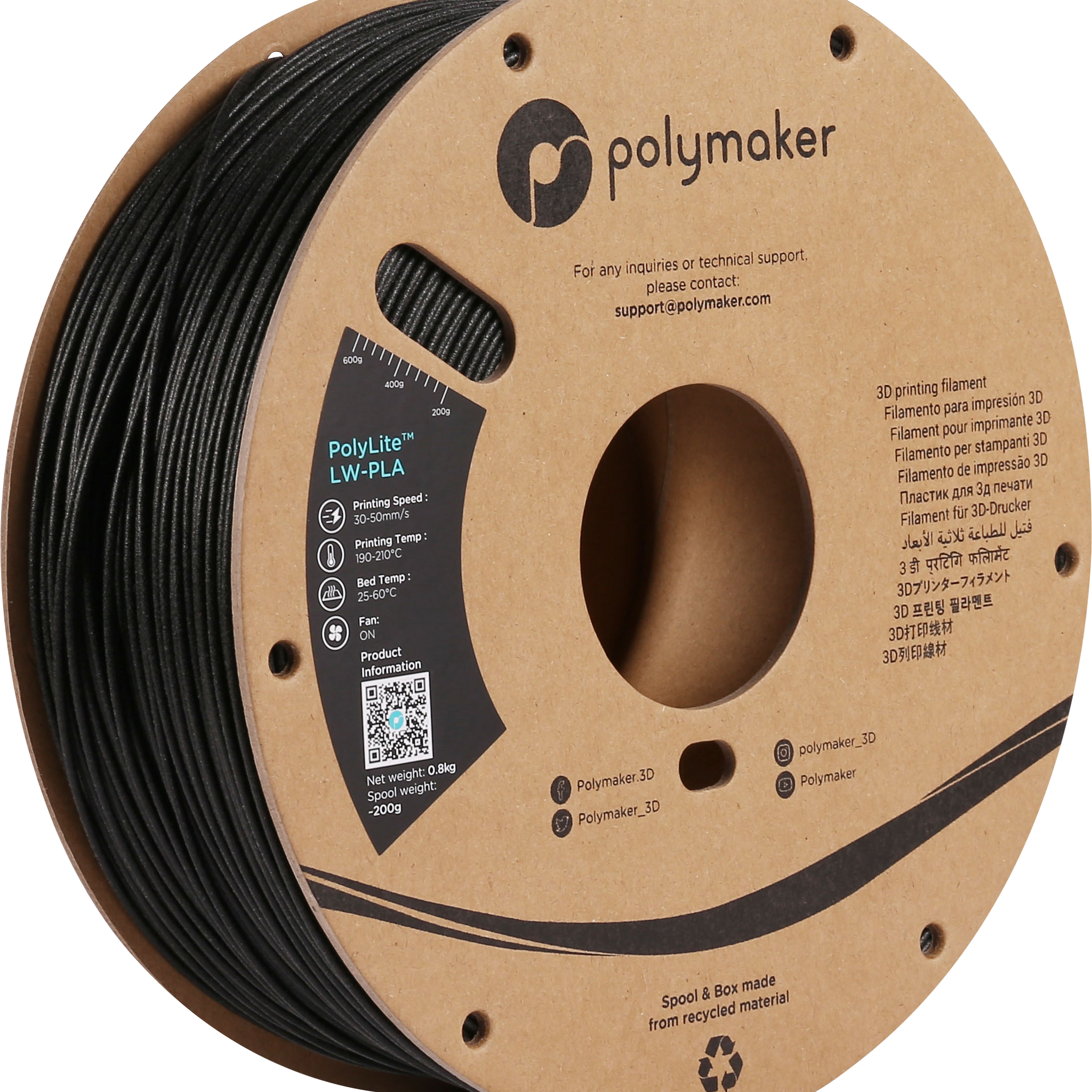 Polymaker - Polylite LW-PLA - Black - 1.75mm - 800g